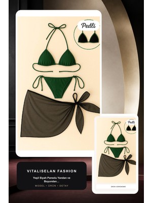 Vitaliselan Fashion Kadın Yeşil Siyah Pareolu Yandan ve Boyundan Bağlamalı 3'lü Bikini Takımı