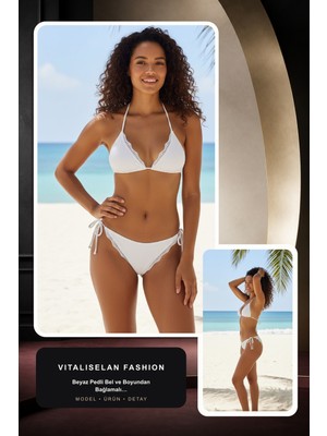 Vitaliselan Fashion Kadın Beyaz Pedli Bel ve Boyundan Bağlamalı Dantelli Şık Bikini Takımı