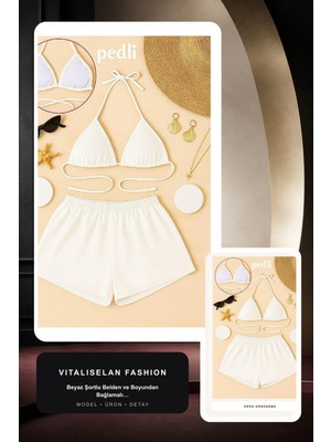 Vitaliselan Fashion Kadın Beyaz Şortlu Belden ve Boyundan Bağlamalı Bikini Takımı