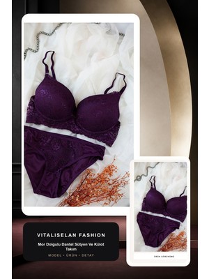 Vitaliselan Fashion Kadın Mor Dolgulu Dantel Sütyen ve Külot Takım