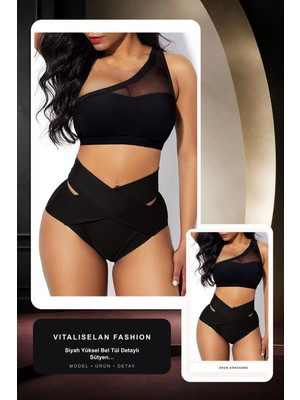 Vitaliselan Fashion Kadın Siyah Yüksel Bel Tül Detaylı Sütyen Külot Takımı