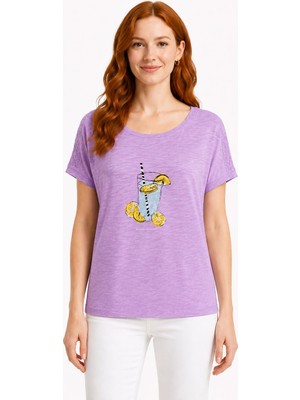 Neden Tekstil Kadın Lila Baskılı Kısa Kol T-Shirt