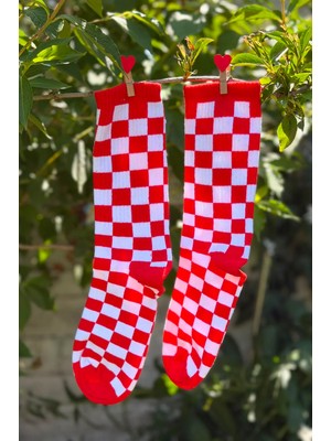 Lou Socks Unisex Kırmızı Dama Desenli Renkli Soket Çorap