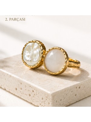 Riody Atelier No.02 Ayarlanabilir Gold Kadın Yüzük | Doğal Sedef ve Beyaz Doğal Taş Dual Stone
