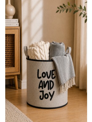 Paris Home Love And Joy Yazılı Bej Jüt Görünümlü Premium Sepet – Eva Destekli, Astarlı, Oyuncak Çamaşır Sepeti