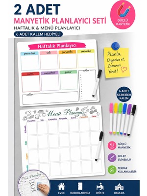 Hobialem 2'li Haftalık ve Menü Planlayıcı Magnet Yazı Tahtası + 6 Silinebilir Kalem Mıknatıslı Pano