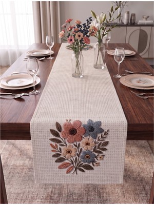 Nunuteks Çiçek Desenli Runner | Nakış Görünümlü 3D Dijital Baskı | 40X140 cm | Raşel Kumaş