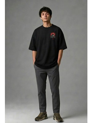 G01001 Baskılı Siyah Oversize T-Shirt
