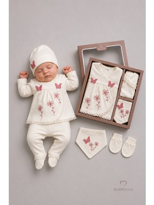 Babyden's Yenidoğan Kız Bebek Mevlit Takımı %100 Pamuk 5'li Hastane Çıkışı Kelebek Nakışlı Set