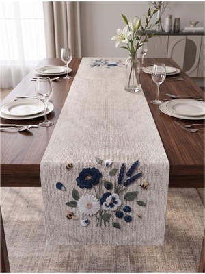 Nunuteks Çiçek Desenli Runner | Nakış Görünümlü 3D Dijital Baskı | 40X140 cm | Raşel Kumaş