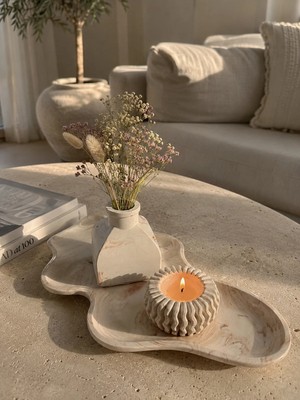 Sisay Home Mermer Desenli Dekoratif Tepsi Seti | Mumluk ve Mini Vazolu Modern Orta Sehpa Dekoru