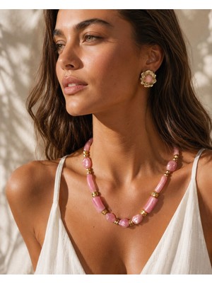 Solare Accessories Hematit Doğal Taş Detaylı Pembe Taşlı Kolye