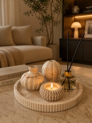 Sisay Home Mermer Desen Dekoratif Tepsi Seti Oda Kokusu Mumluk ve Vazo Seti El Yapımı Salon Dekoru