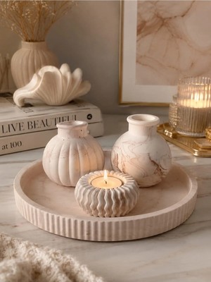 Sisay Home Dekoratif Tepsi Seti Yuvarlak Vazolu Mumluklu | Modern Salon Orta Sehpa Dresuar Dekoru Bej Mermer Desenli