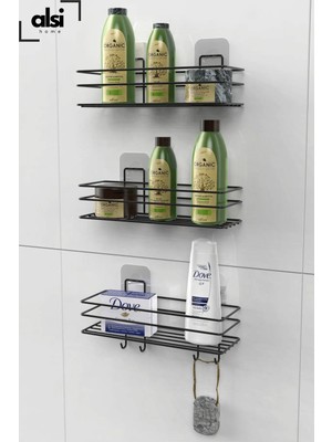 Alsi Grup 3'lü Set Yapışkanlı 4 Kancalı Paslanmaz Banyo Rafı Mat Siyah Banyo Şampuanlık Duşakabin Duş Askısı