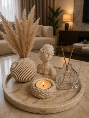 Sisay Home Dekoratif Kahve Mermer Tepsi Seti | Vazo, Mumluk, Oda Kokusu ve Kız Obje Salon Dekoru