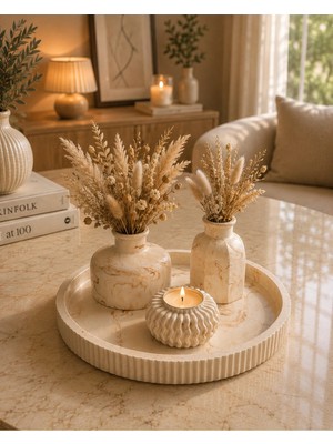 Sisay Home Dekoratif Tepsi Seti Vazolu Mumluklu Modern Salon Orta Sehpa Dresuar Dekoru Bej Mermer Desenli