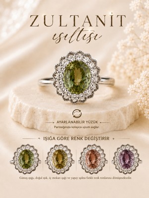 Yudi Atelier Zultanit Işıltılı Vintage Halo Yüzük | Renk Değiştiren Taş | Sevgiliye Anneye Hediye | Rodyum Kaplama | Ayarlanabilir