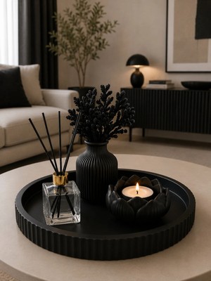 Sisay Home Siyah Dekoratif Tepsi Mumluk Vazo Oda Kokusu Seti | Modern Salon Dekorasyonu