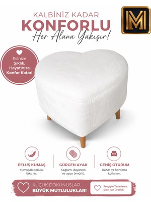 Medet Home Kalp Puf 3 Beyaz Yumuşak Peluş Kumaşlı Dokulu Modern Dekoratif Oturma Pufu Şık Tabure Ahşap Gürgen Ayaklı Salon ve Oturma Odası 40X40X40 cm