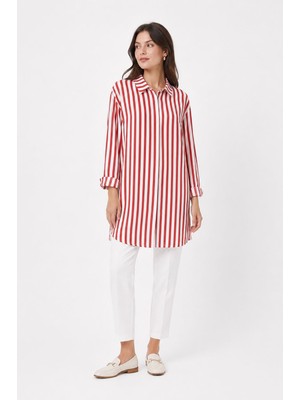 Neden Tekstil Uzun Kollu Kırmızı Beyaz Çizgili Kadın Overshirt Gömlek