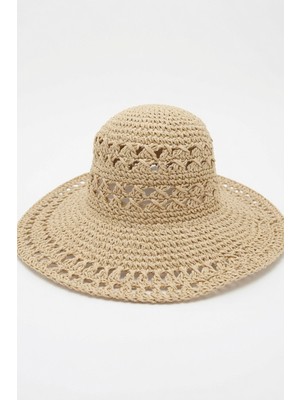 Mollycrush Kadın Hasır  Fötr El Örgüsü Detaylı  Bej Bucket  | Geniş Siperlikli Yazlık Plaj  Güneş Şapkası