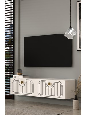 Dekortis Home Dekor 120DHDTDA3BA Hera Lazer Desenli Duvara Monte Tv Sehpası Beyaz-Altın