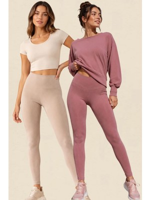 Fevien 2'li Paket Kadın Yüksek Bel Toparlayıcı Fitilli Dalgıç Kaşkorse Kumaş Esnek Rahat Günlük ve Spor Yoga Pilates Iç Göstermez Bilek Boy Uzun Tayt Seti