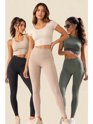 Fevien 3'lü Avantajlı Paket Kadın Yüksek Bel Toparlayıcı Fitilli Dalgıç Kaşkorse Kumaş Esnek Rahat Günlük ve Spor Yoga Pilates Iç Göstermez Bilek Boy Uzun Tayt Seti