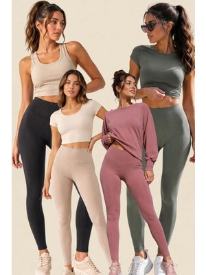 Fevien 4'lü Avantajlı Set Kadın Yüksek Bel Toparlayıcı Fitilli Dalgıç Kaşkorse Kumaş Esnek Rahat Günlük ve Spor Yoga Pilates Iç Göstermez Bilek Boy Şekillendirici Uzun Tayt