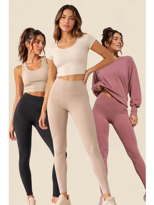 Fevien 3'lü Avantajlı Paket Kadın Yüksek Bel Toparlayıcı Fitilli Dalgıç Kaşkorse Kumaş Esnek Rahat Günlük ve Spor Yoga Pilates Iç Göstermez Bilek Boy Uzun Tayt Seti