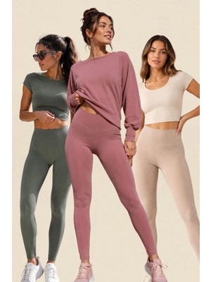Fevien 3'lü Avantajlı Paket Kadın Yüksek Bel Toparlayıcı Fitilli Dalgıç Kaşkorse Kumaş Esnek Rahat Günlük ve Spor Yoga Pilates Iç Göstermez Bilek Boy Uzun Tayt Seti