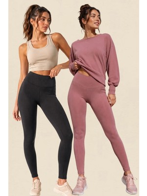 Fevien 2'li Paket Kadın Yüksek Bel Toparlayıcı Fitilli Dalgıç Kaşkorse Kumaş Esnek Rahat Günlük ve Spor Yoga Pilates Iç Göstermez Bilek Boy Uzun Tayt Seti