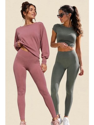 Fevien 2'li Paket Kadın Yüksek Bel Toparlayıcı Fitilli Dalgıç Kaşkorse Kumaş Esnek Rahat Günlük ve Spor Yoga Pilates Iç Göstermez Bilek Boy Uzun Tayt Seti