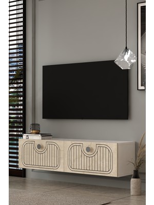 Dekortis Home Dekor 120DHDTDA3BTG Hera Lazer Desenli Duvara Monte Tv Sehpası Beyaz-Traverten-Gümüş