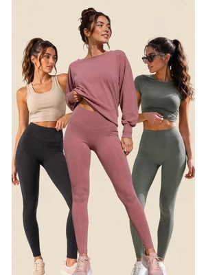 Fevien 3'lü Avantajlı Paket Kadın Yüksek Bel Toparlayıcı Fitilli Dalgıç Kaşkorse Kumaş Esnek Rahat Günlük ve Spor Yoga Pilates Iç Göstermez Bilek Boy Uzun Tayt Seti