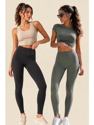 Fevien 2'li Paket Kadın Yüksek Bel Toparlayıcı Fitilli Dalgıç Kaşkorse Kumaş Esnek Rahat Günlük ve Spor Yoga Pilates Iç Göstermez Bilek Boy Uzun Tayt Seti