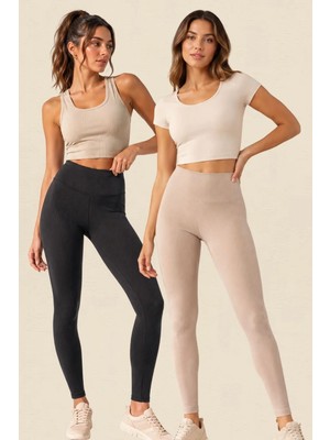 Fevien 2'li Paket Kadın Yüksek Bel Toparlayıcı Fitilli Dalgıç Kaşkorse Kumaş Esnek Rahat Günlük ve Spor Yoga Pilates Iç Göstermez Bilek Boy Uzun Tayt Seti