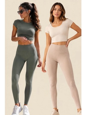 Fevien 2'li Paket Kadın Yüksek Bel Toparlayıcı Fitilli Dalgıç Kaşkorse Kumaş Esnek Rahat Günlük ve Spor Yoga Pilates Iç Göstermez Bilek Boy Uzun Tayt Seti