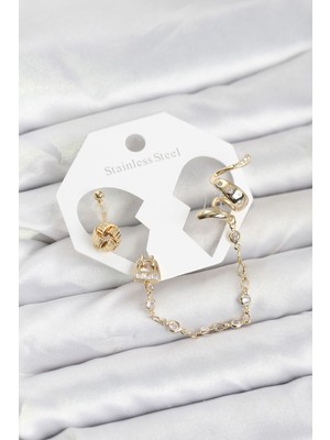 Egecen Pirinç Gold Renk Yılan Model Zincir Bağlantılı Ear Cuff Küpe Seti 5886 - EC001Z-55Z748