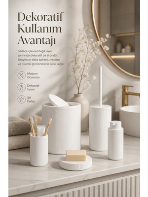 BYZM Beyaz Banyo Düzenleyici Set 5 Parça Çöp Kovası Tuvalet Fırçası Sabunluk Fırçalık