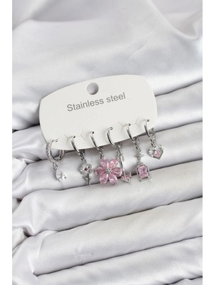 BYZM 316L Çelik Gümüş Renk Pembe Zirkon Taşlı Lotus Detaylı Kadın Küpe Seti