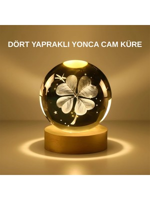 BYZM Dekoratif Yonca Görünümlü Işıklı Kristal Cam Küre USB Masa Gece Lambası