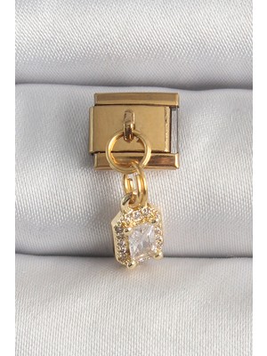 Egecen 316L Çelik Gold Renk Sallantı Zirkon Taşlı Kare Model Nomination Charm 5886 - EC001Z-55Y444
