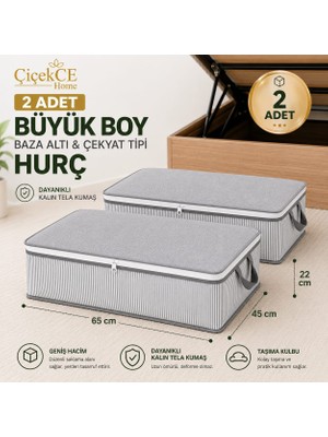 ÇİÇEKCE HOME Hurç 2 Adet Antrasit Gri Çizgili Büyük Boy Baza Altı Hurç  65X45X22CM Fermuarlı