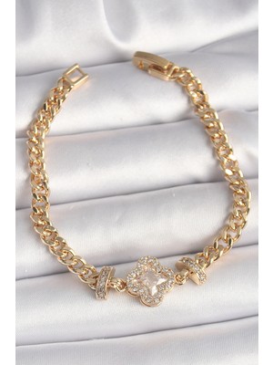 Egecen Pirinç Gold Renk Zirkon Taşlı Yonca Figür Zincir Model Kadın Bileklik 5886 - EC001Z-55XW29