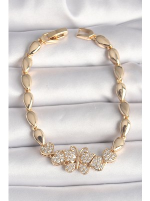 Egecen Pirinç Gold Renk Zirkon Taşlı Kelebek Figür Damla Zincir Model Kadın Bileklik 5 - EC001Z-55XWM