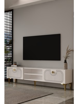 Dekortis Home Dekor 180DHDTSR3BA Hera Lazer Desenli Tv Sehpası,ünitesi Beyaz-Altın