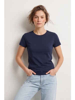 elemge %95Pamuk %5Likra Vücuda Oturan Magic Fit Lacivert Kadın Stretch T-Shirt Compact Penye Kısa Kol Esnek Basic Tişört Elastan Body