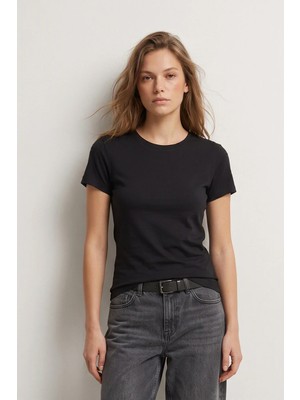 elemge %95Pamuk %5Likra Vücuda Oturan Magic Fit Siyah Kadın Stretch T-Shirt Compact Penye Kısa Kol Esnek Basic Tişört Elastan Body